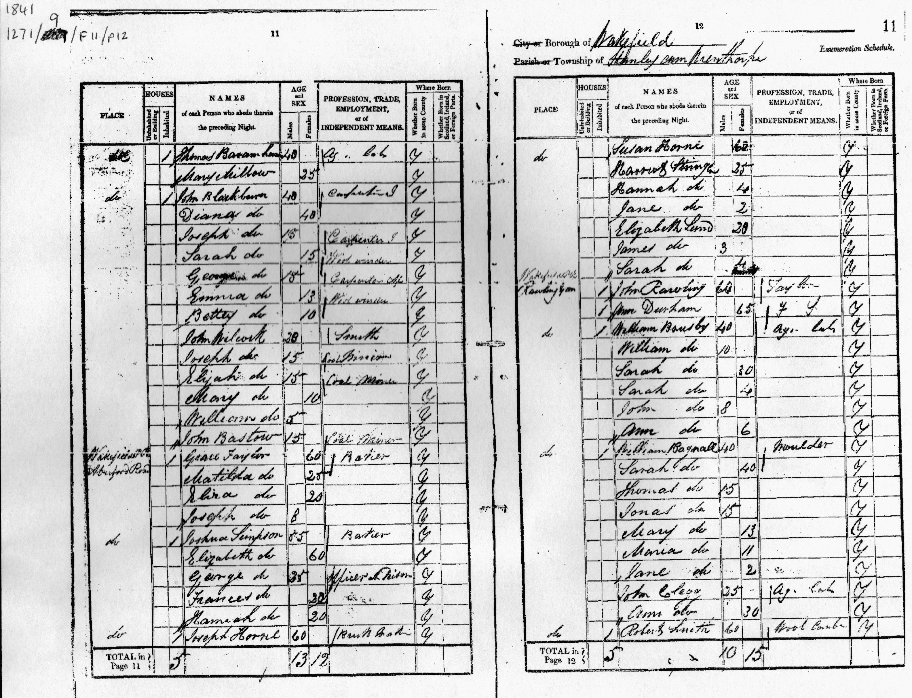 1841 Census entry for William and Sarah Bagnall Household