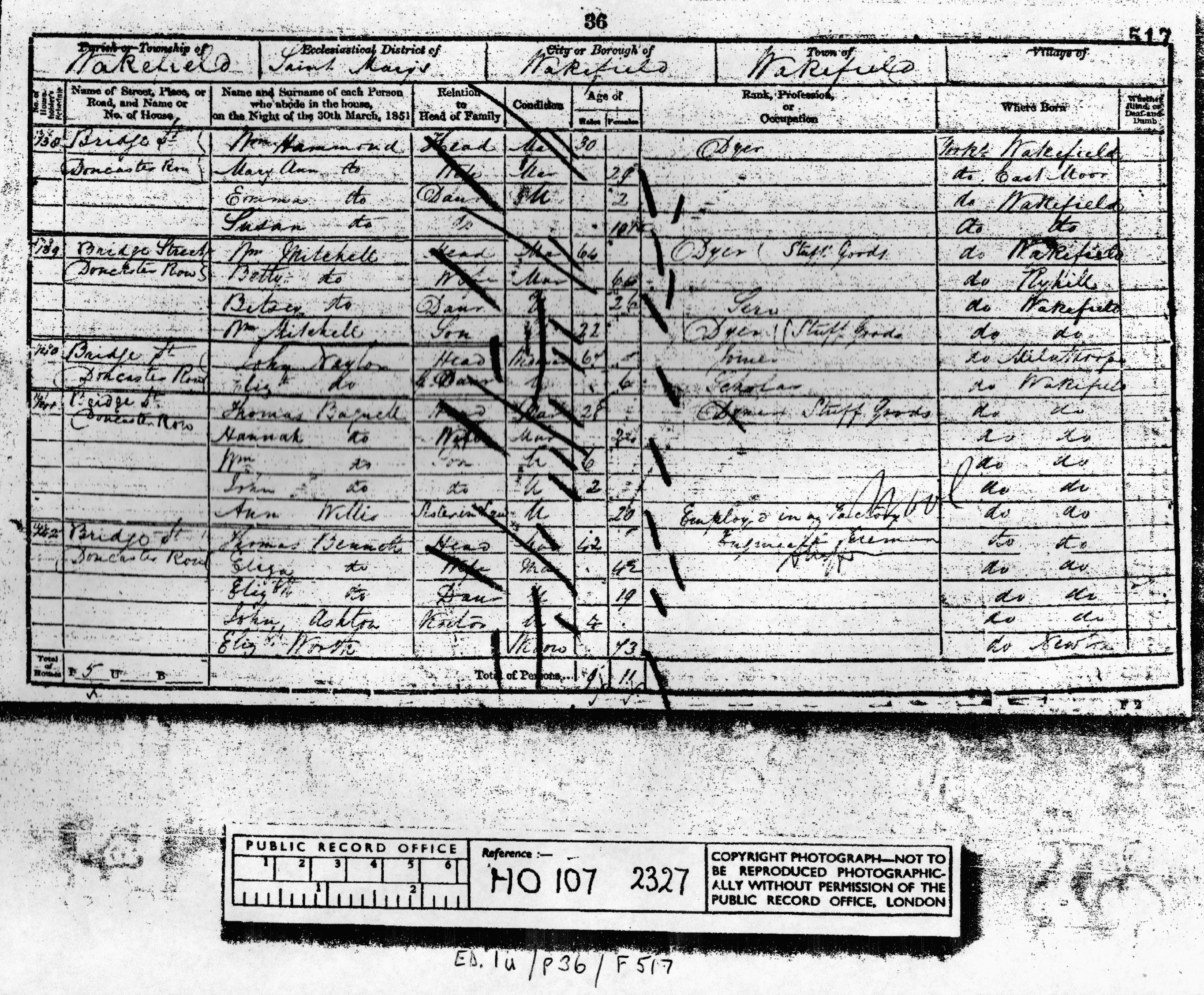 1851 Census entry for Thomas and Hannah Bagnall Household