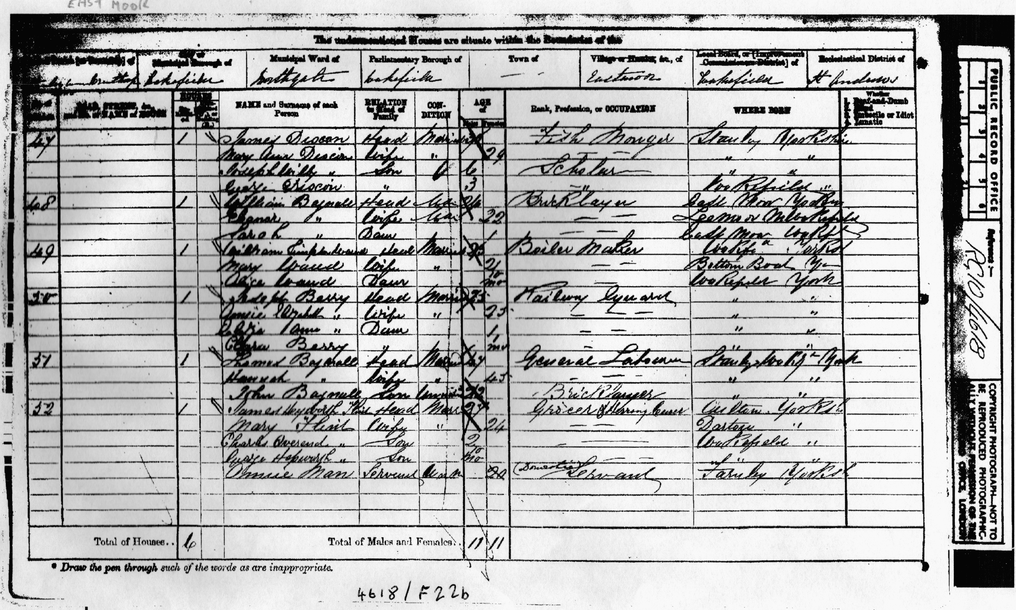 1871 Census entry for Thomas and Hannah Bagnall Household