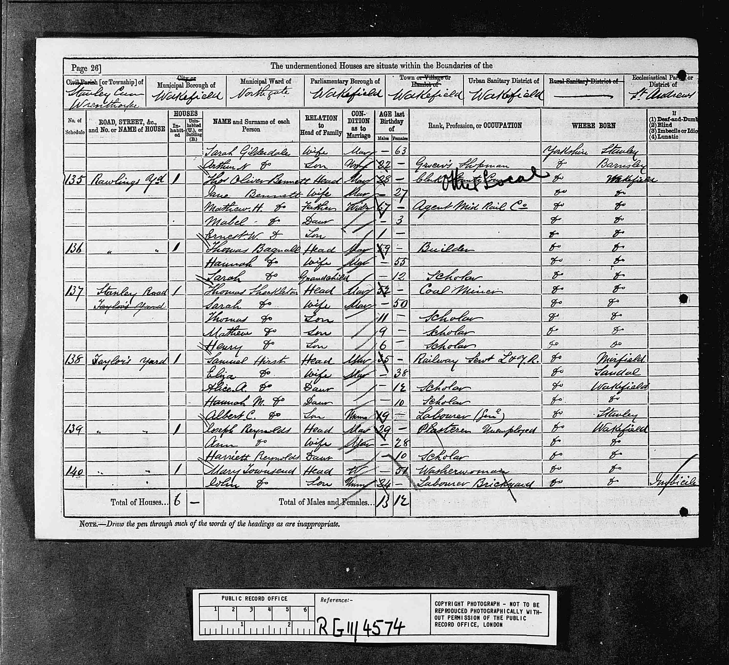 1881 Census entry for Thomas and Hannah Bagnall Household