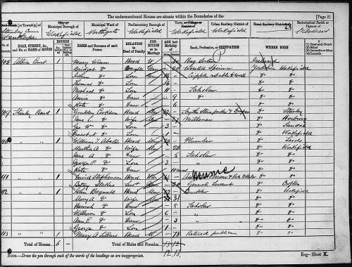 1881 Census entry for John & Mary Ann Bagnall Household