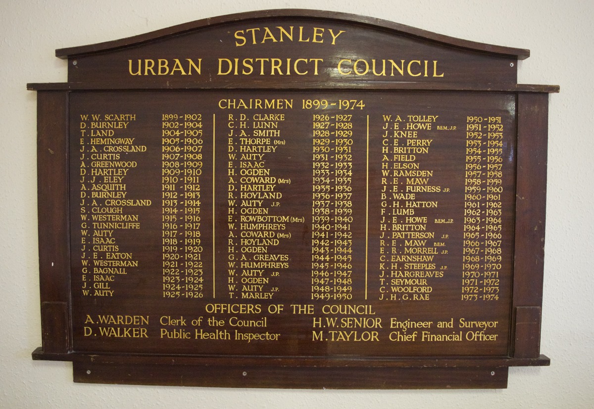 Noticeboard showing chairmen of the council from 1899 to 1974. George is 4th from bottom, first column.