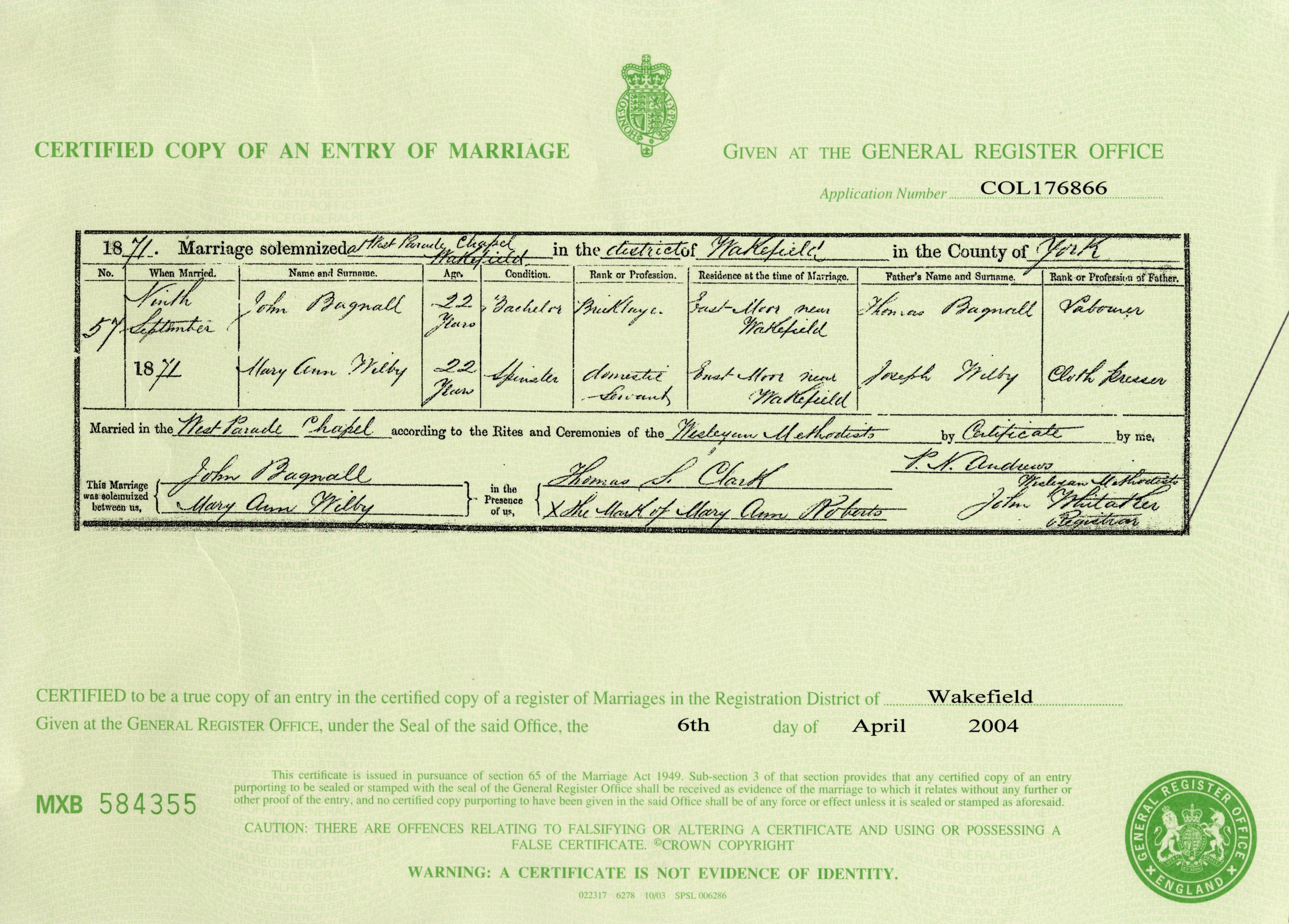 John and Mary Ann's Marriage Certificate