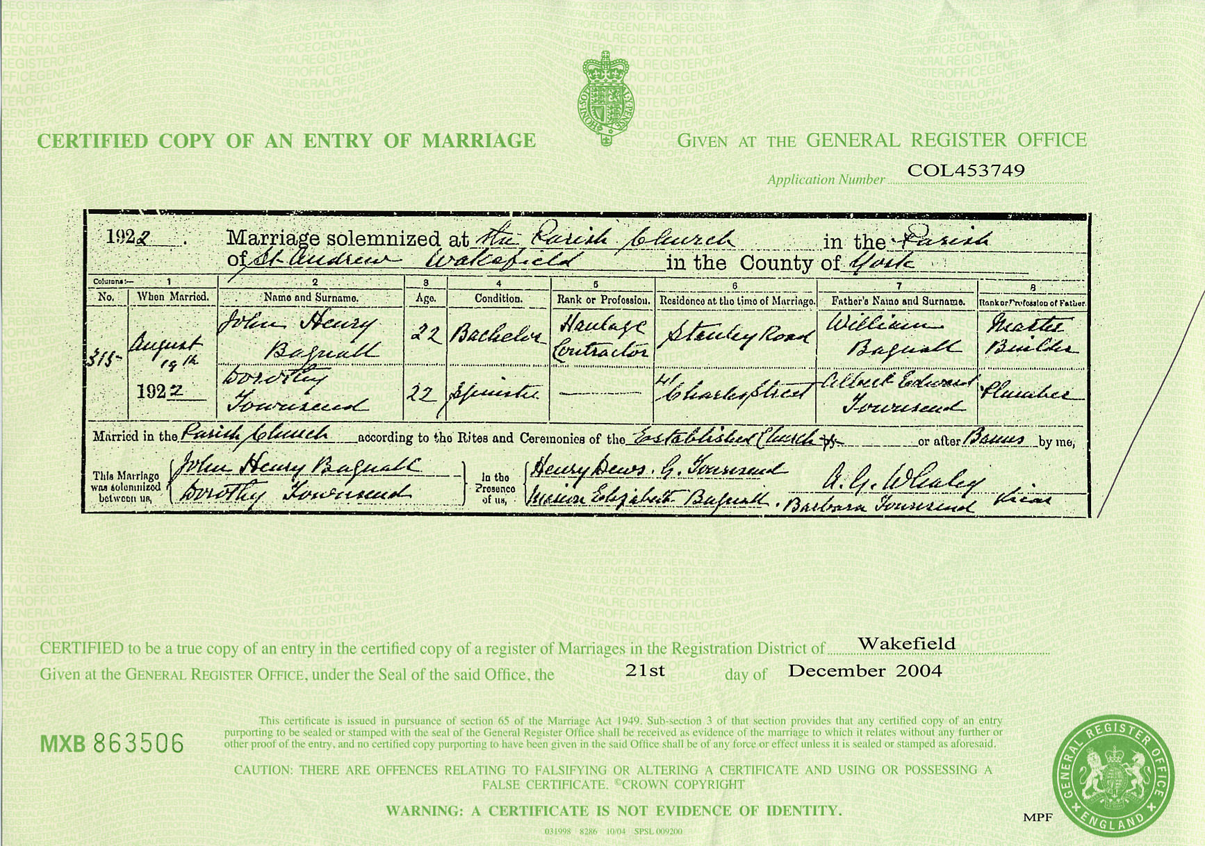 John Henry Bagnall marriage certificate