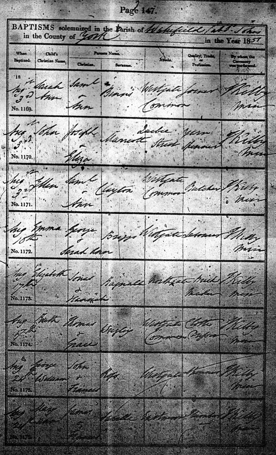 Elizabeth Bagnall's baptism register entry, 1851