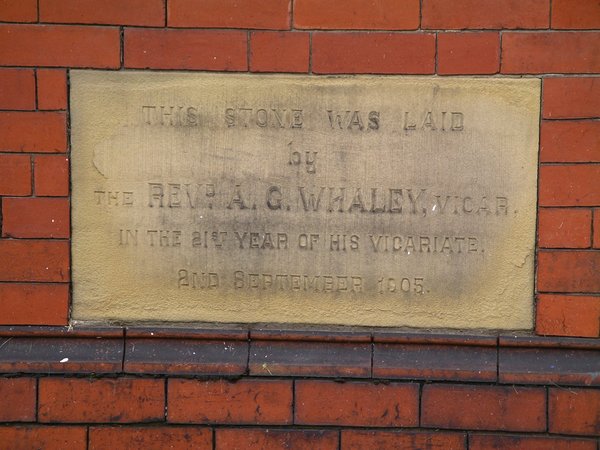 Foundation stone laid by Rev. A.G. Whaley, 1905