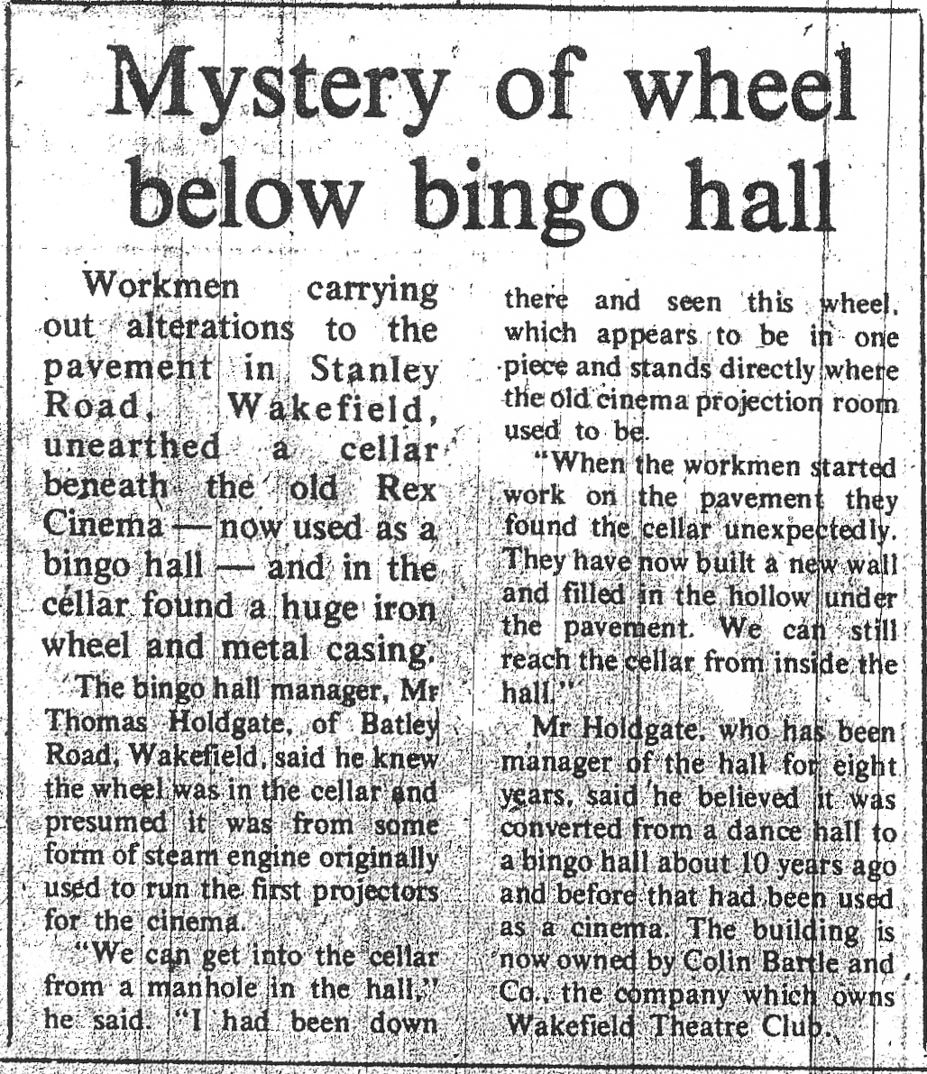 Mystery of wheel below bingo hall - Wakefield Express - 23rd July 1976