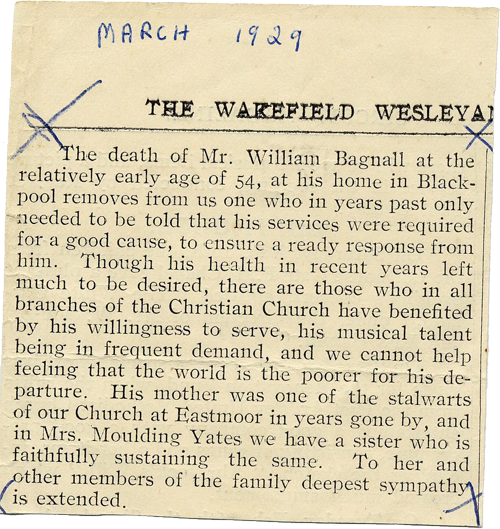 Wakefield Wesleyan Obituary 1929