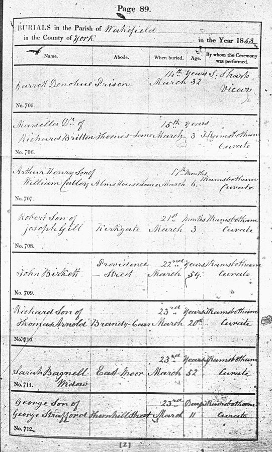 Sarah Bagnall (nee Woodhead)'s burial register entry, 1853