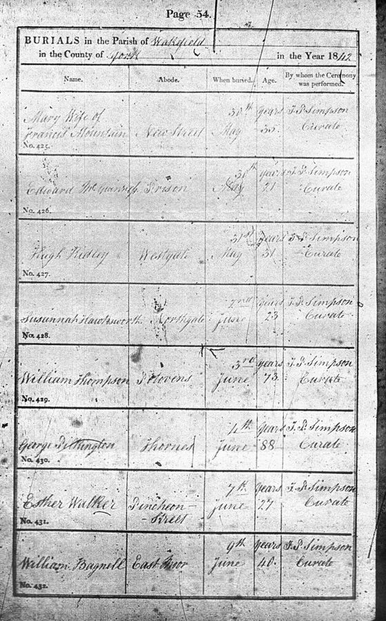 William Bagnall's burial register entry, 1842